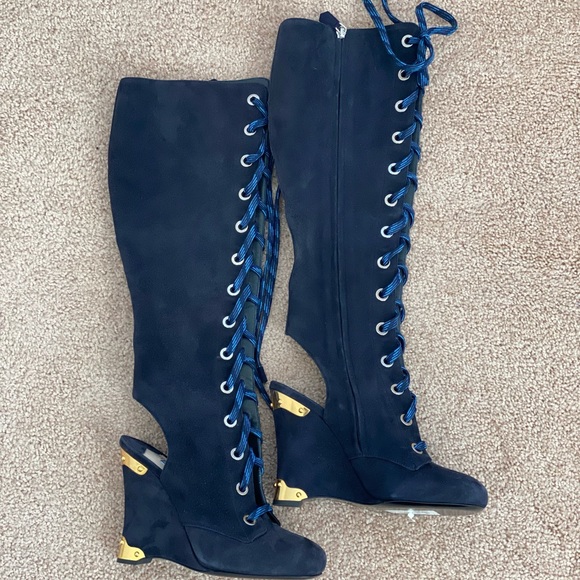 Prada Shoes - Prada Blue Suede Lace Up Boots
